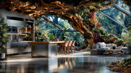 Unique modern kitchen design featuring natural elements in a lush indoor setting with greenery