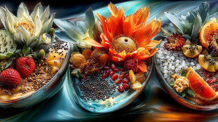 Colorful dessert bowls featuring an array of fresh fruits and edible flowers artfully arranged in a stylish presentation