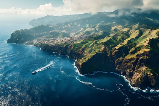 Aerial view of Madeira Island, Portugal with the island's picturesque coastline featuring lush green mountains and coastal villages. - Powered by Adobe