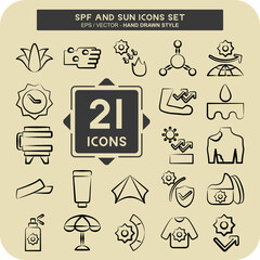 Icon Set Spf and Sun. related to Holiday symbol. hand drawn style. design editable