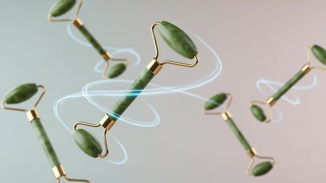 Floating jade rollers with glowing swirls in soft light