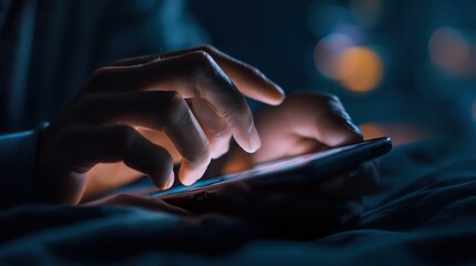 Night scene, hands typing fast on smartphone screen in dark room, concept of cyberbullying, trolling and internet harassment on social media, ultra-realistic