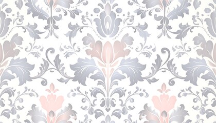 Elegant damask pattern in muted silver and pink tones.