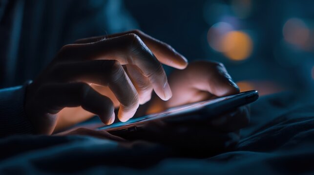 Night scene, hands typing fast on smartphone screen in dark room, concept of cyberbullying, trolling and internet harassment on social media, ultra-realistic