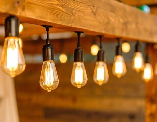 Obraz premium Warm and inviting: A row of vintage Edison bulbs hanging from a wooden beam structure