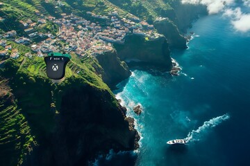 Aerial view of Madeira Island, Portugal with the island's picturesque coastline featuring lush green mountains and coastal villages.