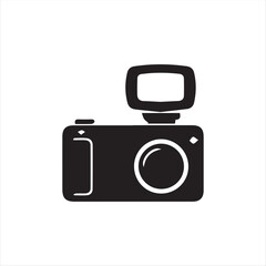 Black camera icon isolated on white background. Minimalist flat design vector symbol suitable for photography, media, photo studio, creative apps, and graphic design projects