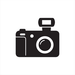 Black camera icon isolated on white background. Minimalist flat design vector symbol suitable for photography, media, photo studio, creative apps, and graphic design projects