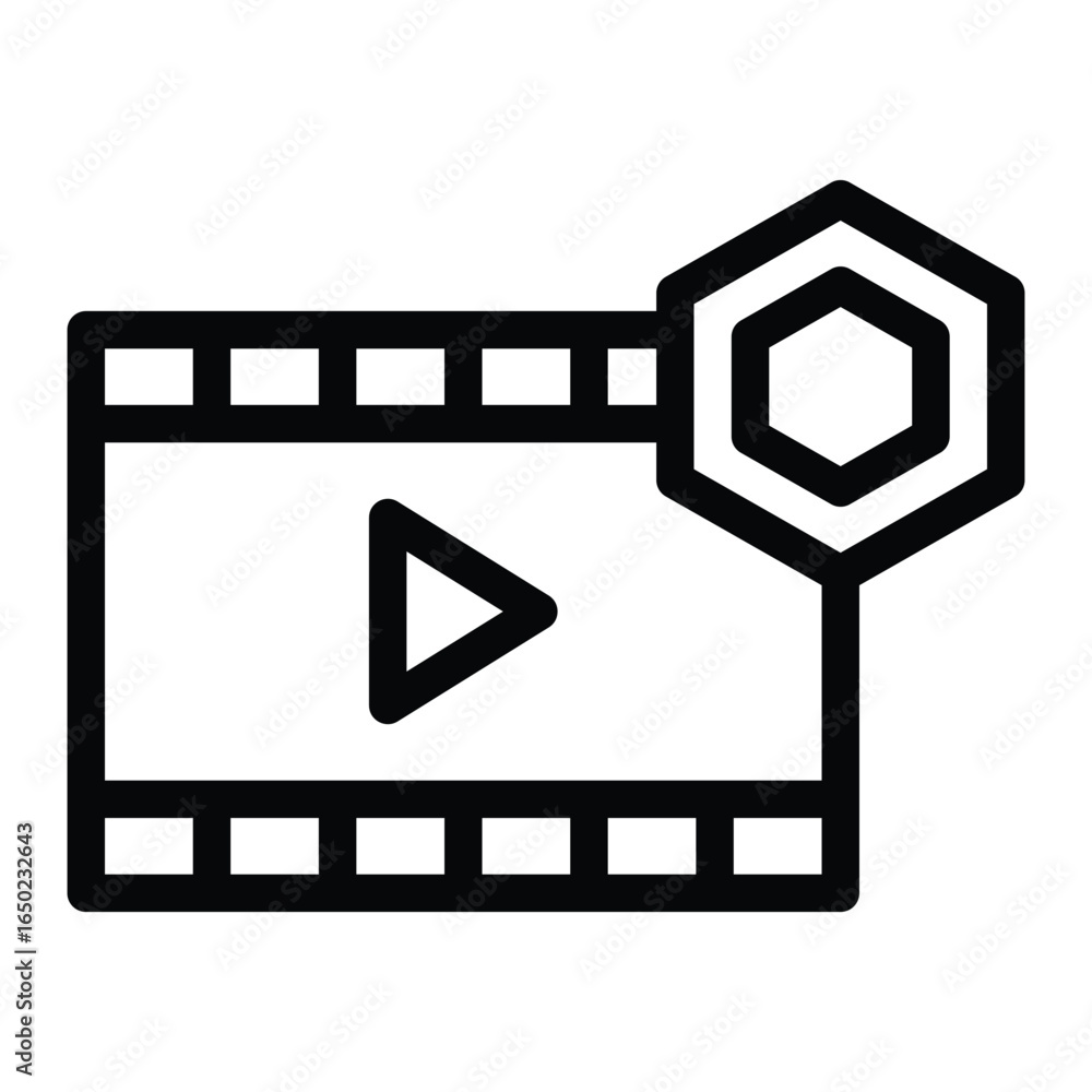 Aufkleber a black film strip with a play button and a hexagon overlay, web icons in line style. editable strok