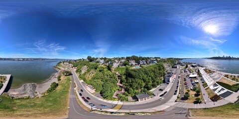 360 aerial photo taken with drone of Escalier Rouge in Lévis, Canada next to the Saint Lawrence...