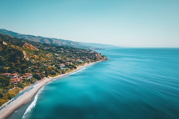 Fototapeta premium A wide shot of the beach drone footage, a clear blue sky and some waves in front of bright greenery and houses on hills in the background, 