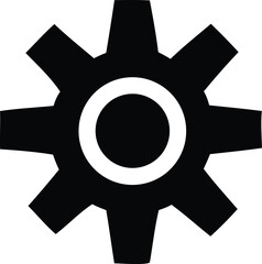 A stark black silhouette of a gear with eight prominent teeth and a central circular opening symbolizing industry mechanics and precision