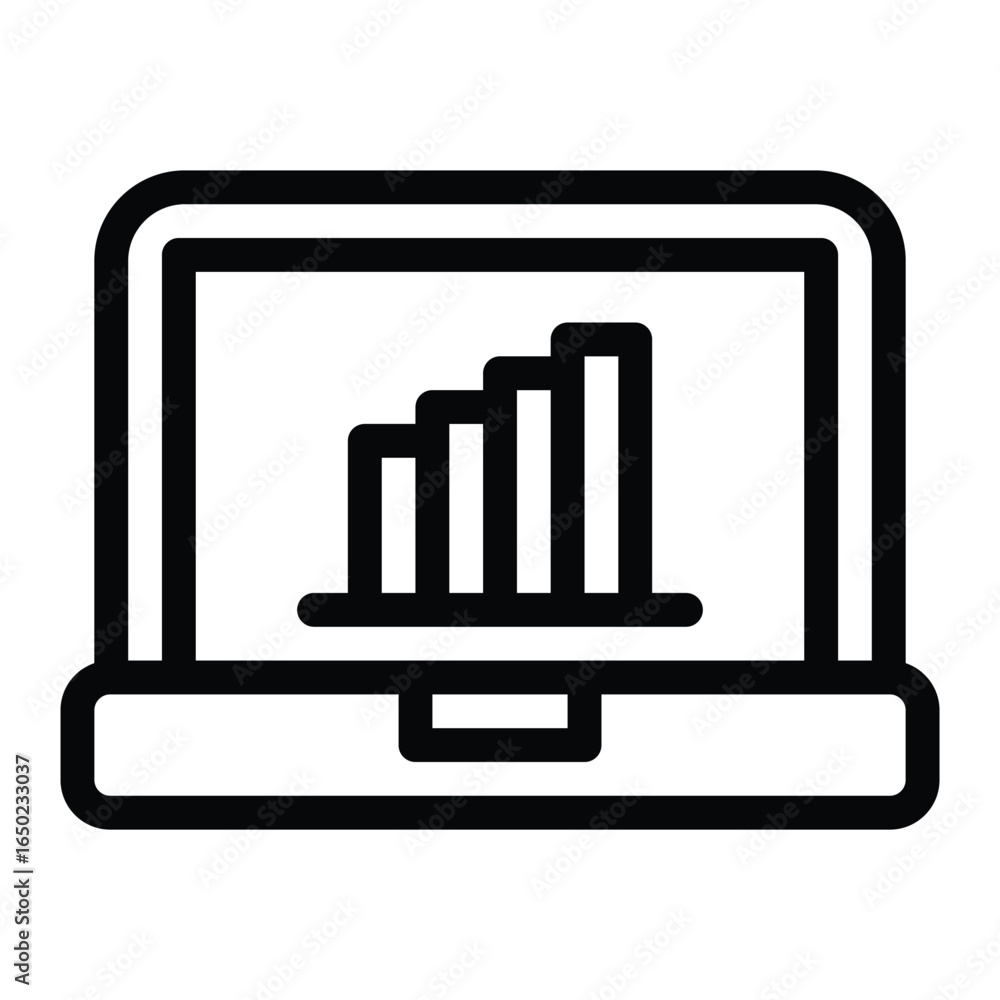 Poster laptop with ascending bar graph display, web icons in line style. editable stroke