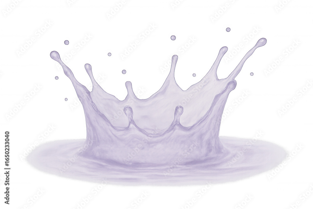 Poster purple liquid creating dramatic crown-shaped splash, arcing dynamically against clear backdrop with 