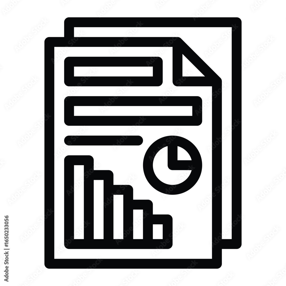 Poster outline depicts documents with chartgraph elements suggesting data or reporting, web icons in line s