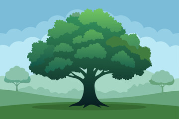 Vibrant green tree in a serene landscape with rolling hills and clouds