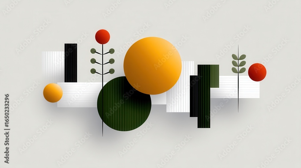 Poster Abstract design featuring colorful geometric shapes and botanical elements.