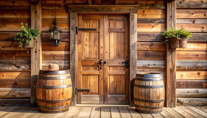Rustic wooden cabin exterior with double doors, flanked by barrels and potted plants