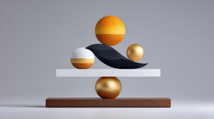 Abstract sculpture featuring geometric shapes in warm colors on a minimalist base.