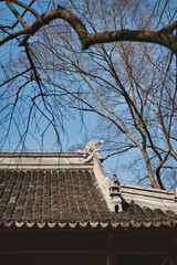An ancient Chinese temple showcases its traditional roof with exquisite decorations
