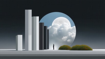 A solitary figure stands before towering geometric shapes under a moonlit sky.