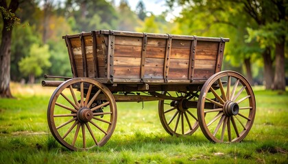 Fototapeta premium Rustic wooden cart in grassy field, autumnal backdrop
