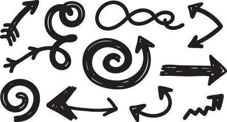 Collection of handdrawn arrows and pointers isolated on white background