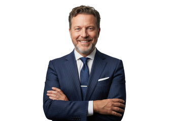 Professional businessman portrait smiling with arms crossed wearing a suit isolated on transparent background for design and marketing materials isolated on transparent background