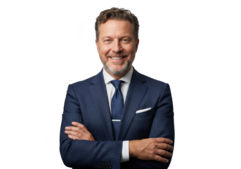 Professional businessman portrait smiling with arms crossed wearing a suit isolated on transparent background for design and marketing materials isolated on transparent background