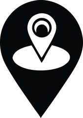 Stylized black and white icon depicting a location pin marker overlapping a human silhouette