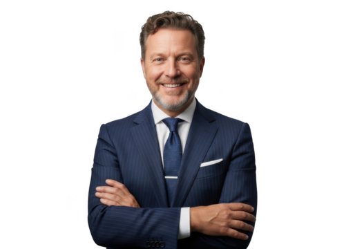 Professional businessman portrait smiling with arms crossed wearing a suit isolated on transparent background for design and marketing materials isolated on transparent background