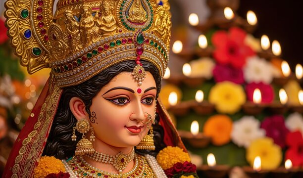 Close-up of majestic Maa Durga idol with golden crown and diya lights