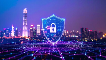 Digital shield with lock graphic over a cityscape at night.