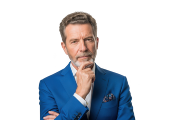 Thoughtful businessman portrait in blue suit posing with hand on chin isolated on transparent background png