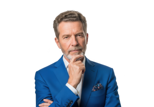 Thoughtful businessman portrait in blue suit posing with hand on chin isolated on transparent background png