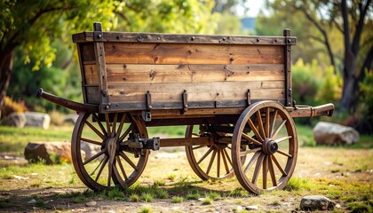 Fototapeta premium Rustic wooden cart outdoors, weathered and aged, sits on grassy ground