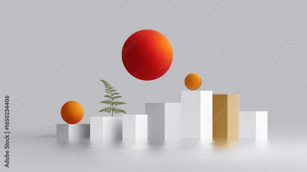 Poster abstract scene with vibrant spheres and geometric shapes in a minimalist setting.