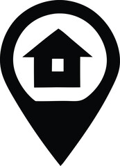 Simple black silhouette of a house icon centered within a location pin symbol indicating a home address or destination