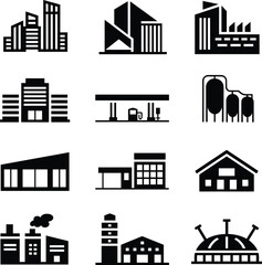 Industrial buildings icons set, factory and warehouse symbols, city skyscraper silhouettes, gas station vector illustrations, modern industry graphics collection