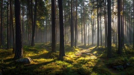 Fototapeta premium A dense pine forest with tall straight trunks, golden sunlight streaming through the canopy and illuminating the misty ground,