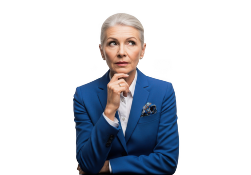 Pensive senior woman in blue suit thinking hard, business decision, mature female isolated on transparent background