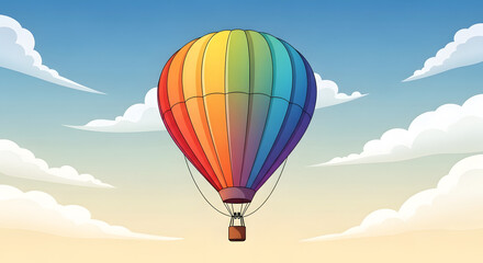 Fototapeta premium Vibrant rainbow hot air balloon soaring gracefully through a clear blue sky, evoking feelings of freedom, adventure, and colorful dreams