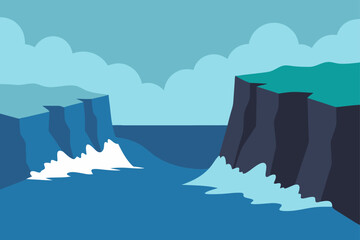 Stylized illustration of ocean waves crashing against cliffs under a cloudy sky