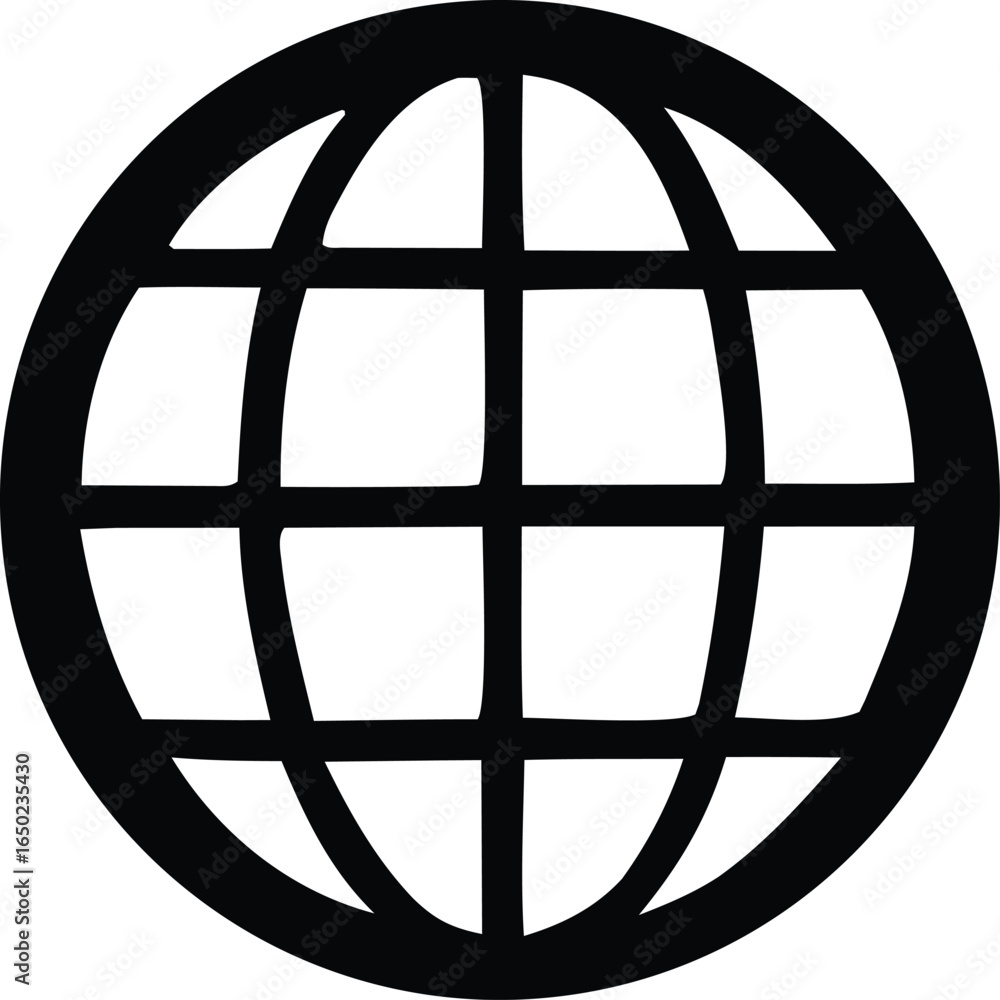 Poster a stylized black and white graphic representation of a globe with a grid overlay symbolizing global 