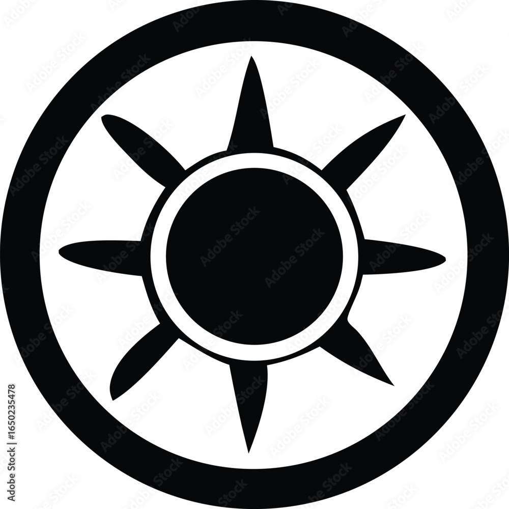 Poster a stark black and white graphic symbol featuring a circular outer ring with eight pointed rays emana
