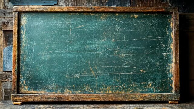 Vintage green chalkboard with distressed wood frame in rustic classroom setting