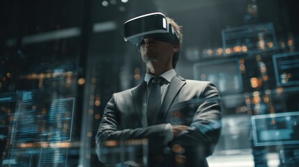 cinematic wide shot, confident businessman in formal attire wearing a sleek VR headset, standing in a modern high-tech office surrounded by holographic data and glowing AI interfaces, authentic futuri