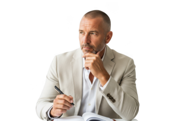 Mature businessman thinking writing in notebook planning strategy isolated png image, man in suit isolated on transparent background