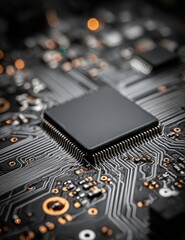Close-up of a black circuit board with a central chip