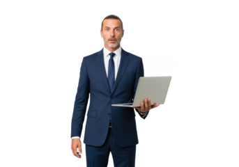 Surprised businessman holding laptop, shocked executive with computer, professional man in suit, digital technology user isolated on transparent background